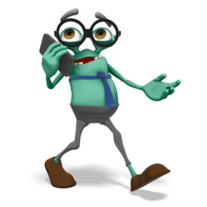 An image of Jerry the business alien walking and talking on a smartphone. 
