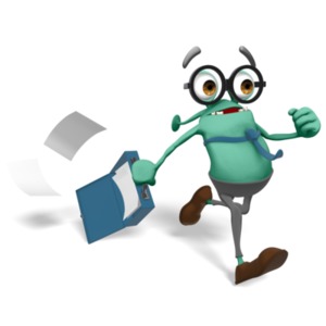 Jerry the business alien frantically running while business papers fall out of his open briefcase.  A depiction of running late. 