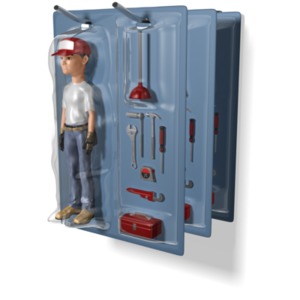 This packaged maintenance worker clipart image shows a male maintenance figure displayed inside product packaging while hanging from a point of sale display.&lt;br&gt;&lt;br&gt;  Fully customize the colors of this clipart by looking under the Advanced tab in the clipart preview customizer.
