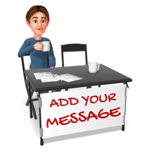 A man waits and sits at a table that includes your custom message on a sign taped to it.