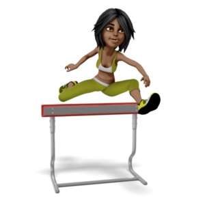 Jada running and jumping over a hurdle.