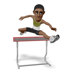 Ethan running and jumping over a hurdle.