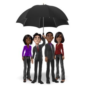 A diverse business team of four, standing together underneath one large umbrella.  An image that depicts unity and teamwork. 