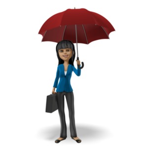 Kim is standing under an umbrella while holding onto a briefcase.