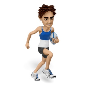 Brad is looking focused while running and carrying a rugby football. 