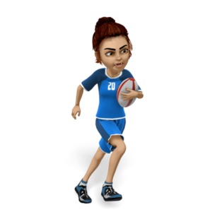 Talia is looking focused while running and carrying a rugby football.