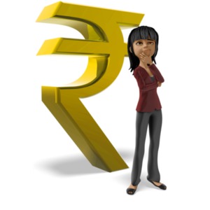 An image of a Businesswoman figure standing and thinking in front of a large rupee symbol. This is a reference to planning or thinking about something financial.