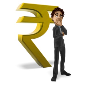 An image of a Businessman figure standing and thinking in front of a large rupee symbol. This is a reference to planning or thinking about something financial.