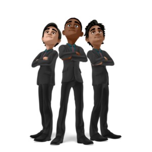 A trio of businessmen standing with their arms crossed and their backs facing each other, representing strength and teamwork. 