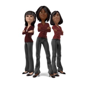 A trio of businesswomen standing with their arms crossed and their backs facing each other, representing strength and teamwork.