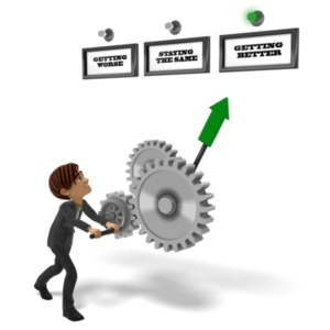 Brad is successfully rotating a set of gears to rotate an arrow indicator towards a sign that says getting better.  An image that is an indication of progress or growth. 