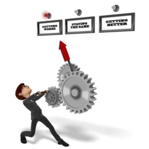 Brad is struggling to rotate a set of gears in order to move the indicator away from the getting worse sign.  An image that represents a struggle to improve. 