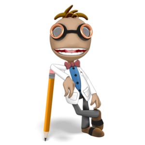 This clipart image shows the presentation character Data leaning on a large pencil with a happy smile.  