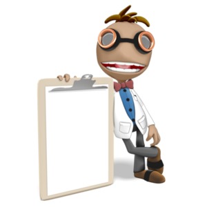 This clipart image shows the presentation character Data leaning on a large clipboard with a happy smile. 