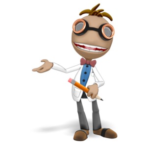 This clipart image shows the presentation character Data presenting to the side with a pencil and a happy smile.