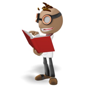 This clipart image shows the presentation character Data reading a large book with a happy smile. 