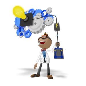 This clipart image shows the presentation character Data flipping a switch, which activates a contraption illuminating a large light bulb.  Use this problem solving clipart to add a great visual element to accompany a message about innovation, a new idea, or solving a problem.