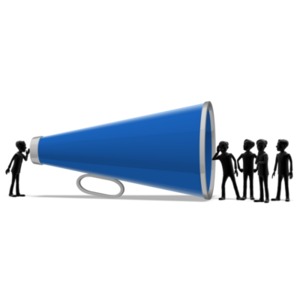 Silhouetted figures speak and listen through a giant megaphone.