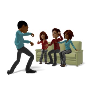This clipart image depicts a group playing a game of charades.  Ethan is posed impersonating a zombie, while the Jada, Yolanda, and Brad are seated on a couch trying to guess who Ethan is supposed to be.