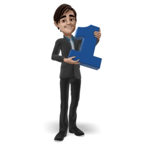 An image of the business character Brad posed smiling and holding a large number one. 