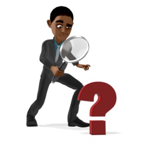 An image of Ethan looking through a large magnifying glass at a question mark.  