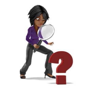 An image of Jada looking through a large magnifying glass at a question mark.