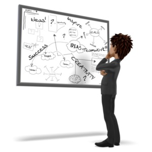 A businessman figure stands pondering at a white board with marker writings on it.