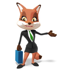 This clipart image depicts a cheerful female business fox character posed gesturing to the side, while holding a briefcase in her other hand.