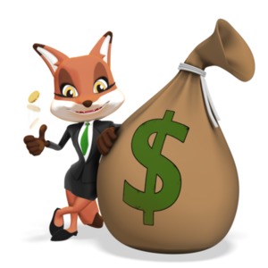 An image of a cheerful female business fox character leaning against a large money bag, while flipping a gold coin in the air. 