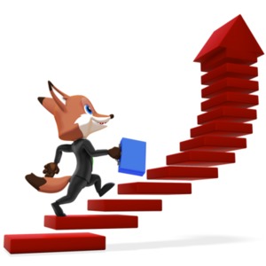 A male business fox character is holding a briefcase and running up a set of steps that form an upward arrow.  This clipart image would be a great indication of financial growth, profit, or improvement. 