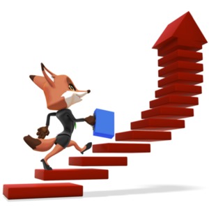 A female business fox character is holding a briefcase and running up a set of steps that form an upward arrow.  This clipart image would be a great indication of financial growth, profit, or improvement. 