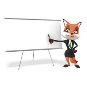 An image of a female business fox character holding a pen pointing at a blank board. The dry erase board is blank and has room to add your own text.