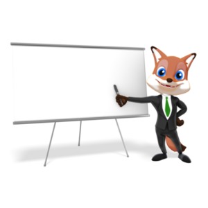 An image of a male business fox character holding a pen pointing at a blank board. The dry erase board is blank and has room to add your own text.