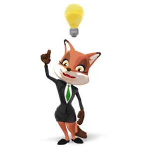 This clipart image depicts a female business fox character standing under a large light bulb and pointing upward as she has a bright idea. Use this problem solving clipart to add a great visual element to accompany a message about innovation, a new idea, or solving a problem.