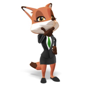A female business fox character is posed deep in thought, with one hand under her chin and the other on her waist.   