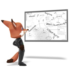 A male business fox character is standing with his hands on his waist and evaluating writings he sees on a large white board. 