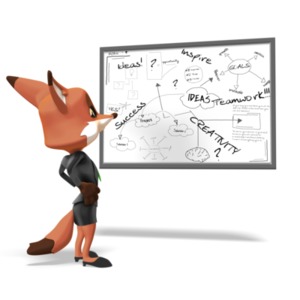 A female business fox character is standing with her hands on her waist and evaluating writings she sees on a large white board. 