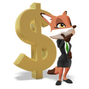 An image of a female business fox character standing and thinking in front of a large dollar sign. This is a reference to planning or thinking about something financial.