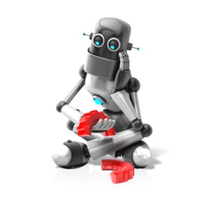 An image of a robot holding a broken gear representing something that needs to be fixed.