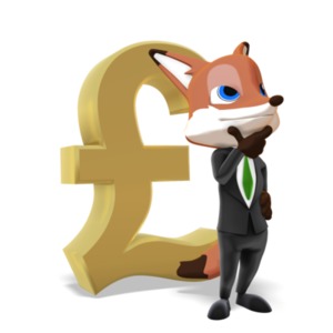 An image of a female business fox character standing and thinking in front of a large pound symbol. This is a reference to planning or thinking about something financial.