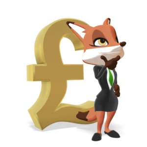 An image of a female business fox character standing and thinking in front of a large pound symbol. This is a reference to planning or thinking about something financial.