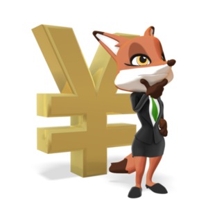 An image of a female business fox character standing and thinking in front of a large yen symbol. This is a reference to planning or thinking about something financial.