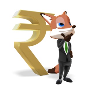 An image of a male business fox character standing and thinking in front of a large rupee symbol. This is a reference to planning or thinking about something financial.