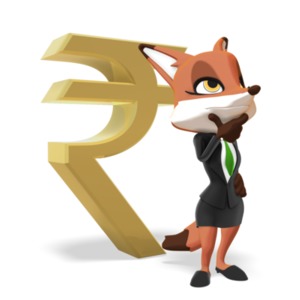 An image of a female business fox character standing and thinking in front of a large rupee symbol. This is a reference to planning or thinking about something financial.