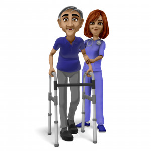 In this clipart image, a female home healthcare nurse is happily assisting an elderly man who is walking using a the assistance of a walker.