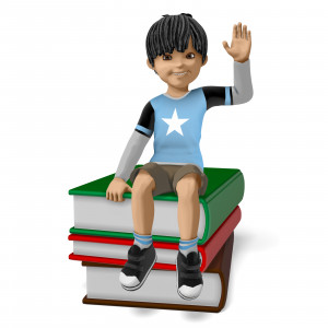 In this clipart image, the young presentation character James is posed sitting on a stack of large books, while smiling and waving towards the camera.  Use this clipart image for presentations involving education, school, reading, and more.