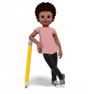 This clipart image shows the young presentation character Chloe leaning on a large pencil with a happy smile.  Use this clipart for presentations involving Education, writing, drawing, and more.