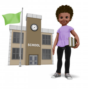 This clipart image shows the young presentation character Chloe smiling and holding a small stack of books in front of a school building.