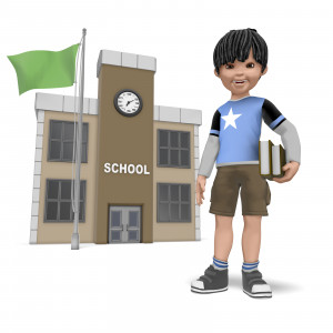 This clipart image shows the young presentation character James smiling and holding a small stack of books in front of a school building.