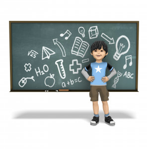 This clipart image features the young presentation character James posed standing in front of a chalkboard with a happy smile.  The chalkboard contains various symbols and drawings referencing math, science, technology, and Grammar.  Use this clipart image in presentations regarding school, education, learning, and more.